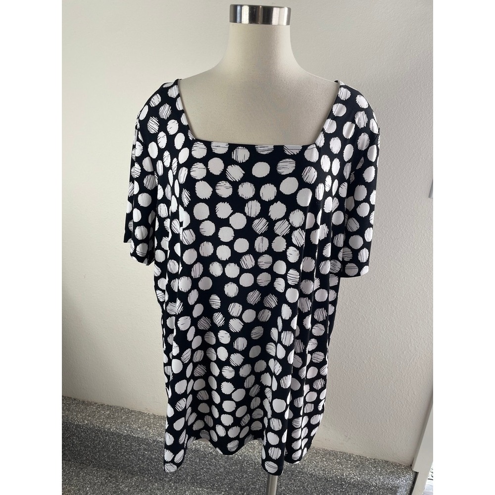 Susan Graver Womens Plus 2X Black White Polka Dot Sketched Print Liquid Knit Top